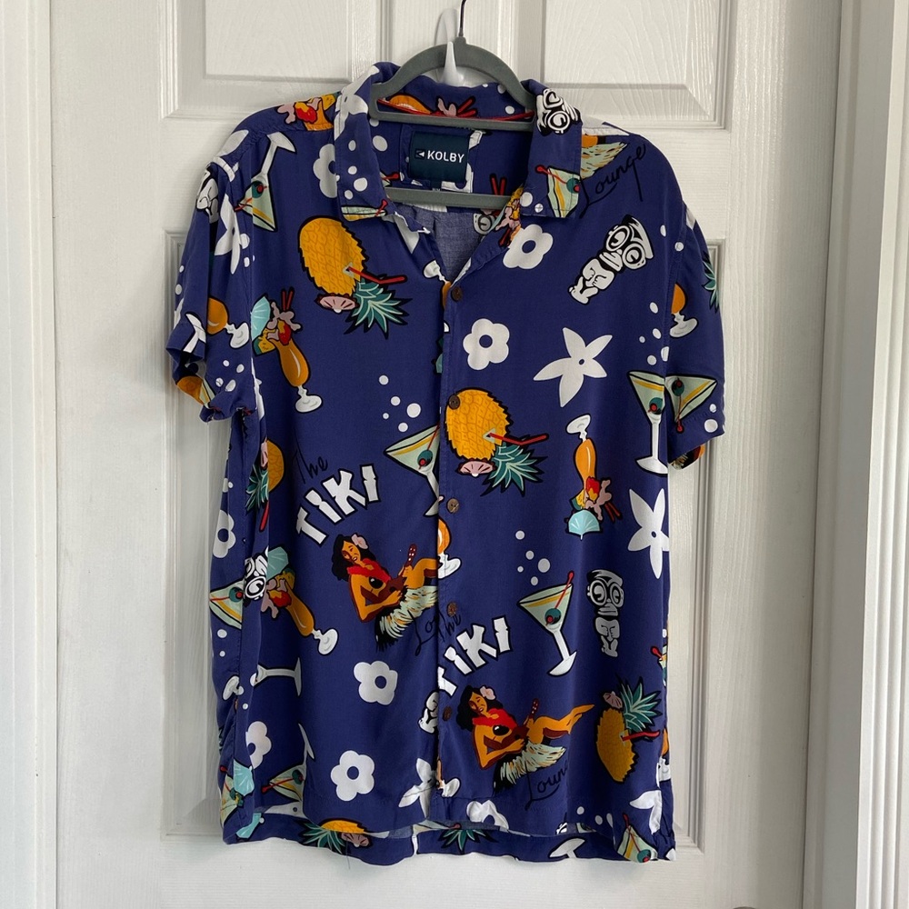 Kolby Boat House Men’s Casual Button Up Shirt Blue Tropical Novelty Print